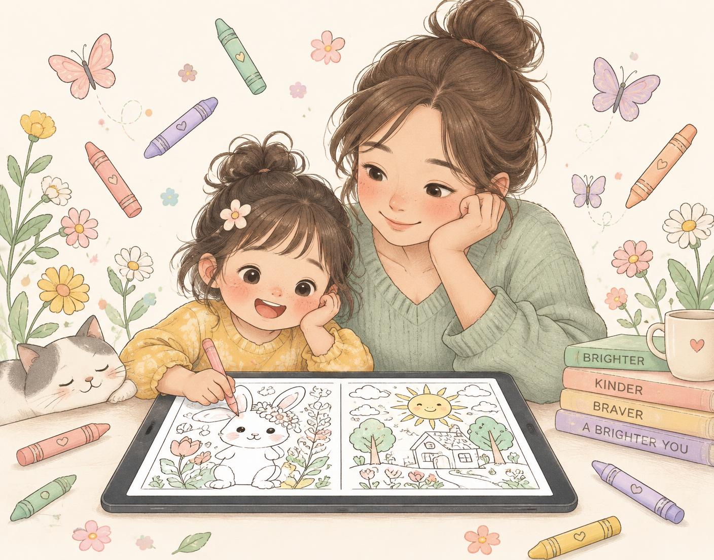 A parent and child coloring a book together on a tablet